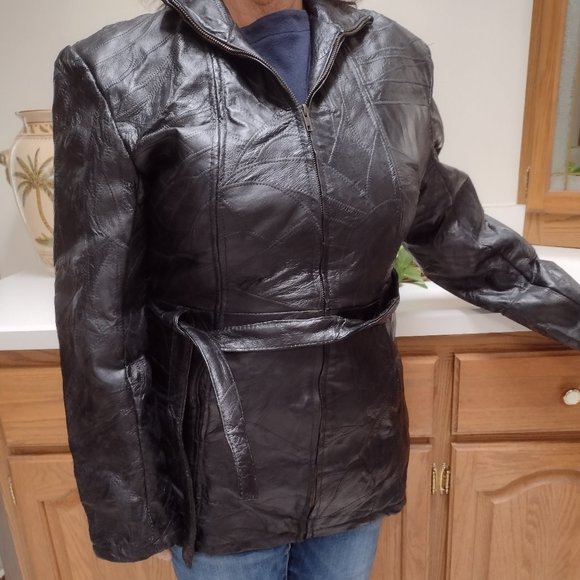 100% Genuine Italian Stone Leather Patchwork Black Coat XL - Picture 8 of 13